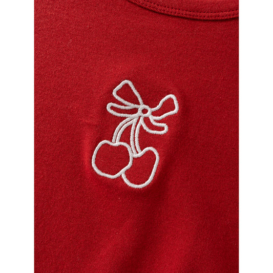 Crew neck cherry bow embroidered cotton T-shirt women