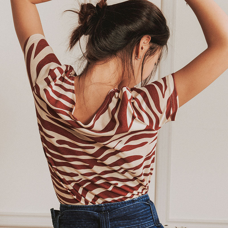 Red stripe round neck women T-shirt
