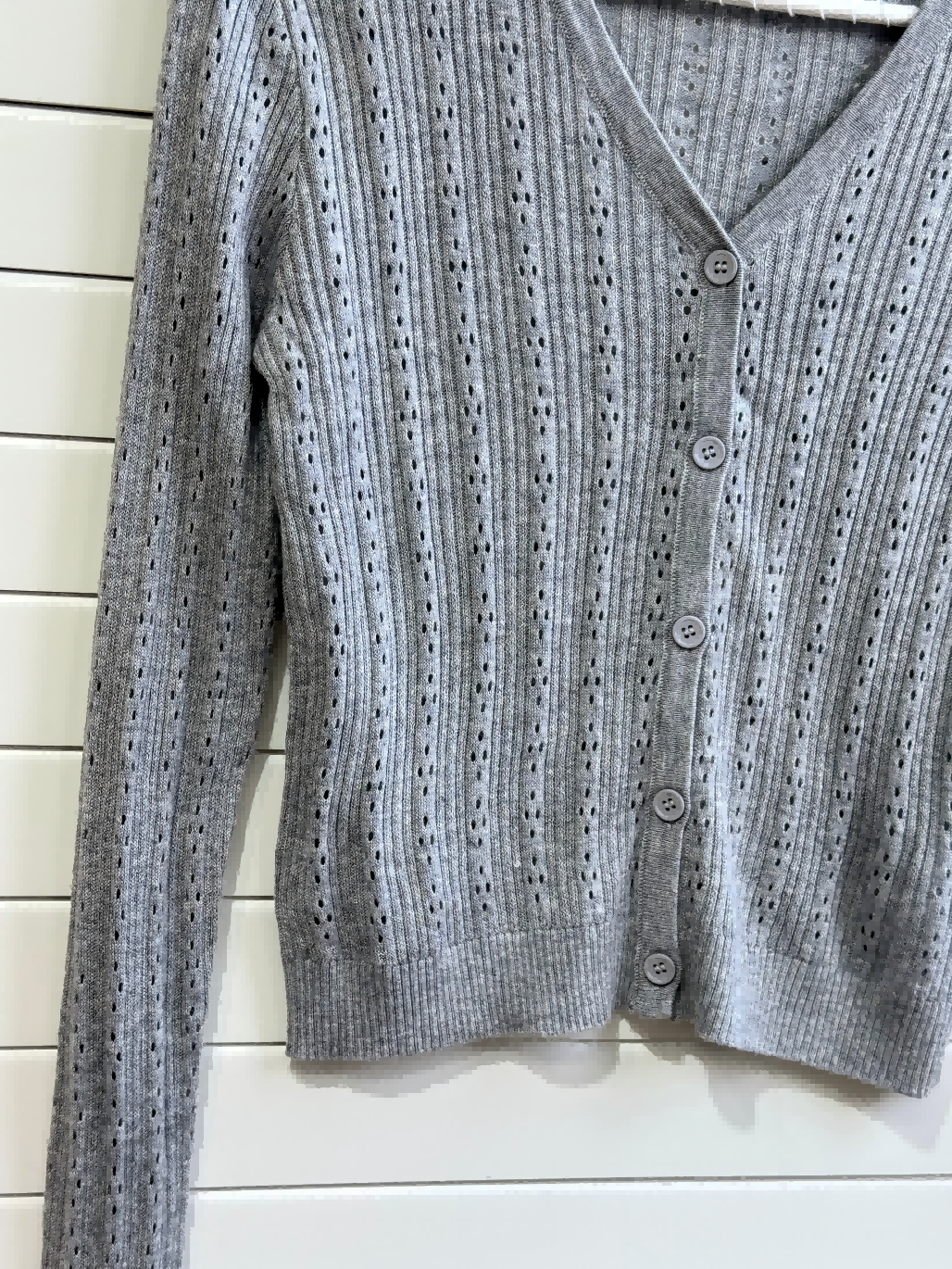 JASTIE SUPER THIN EYELET KNIT BUTTON UP CARDIGAN SWEATER-GREY