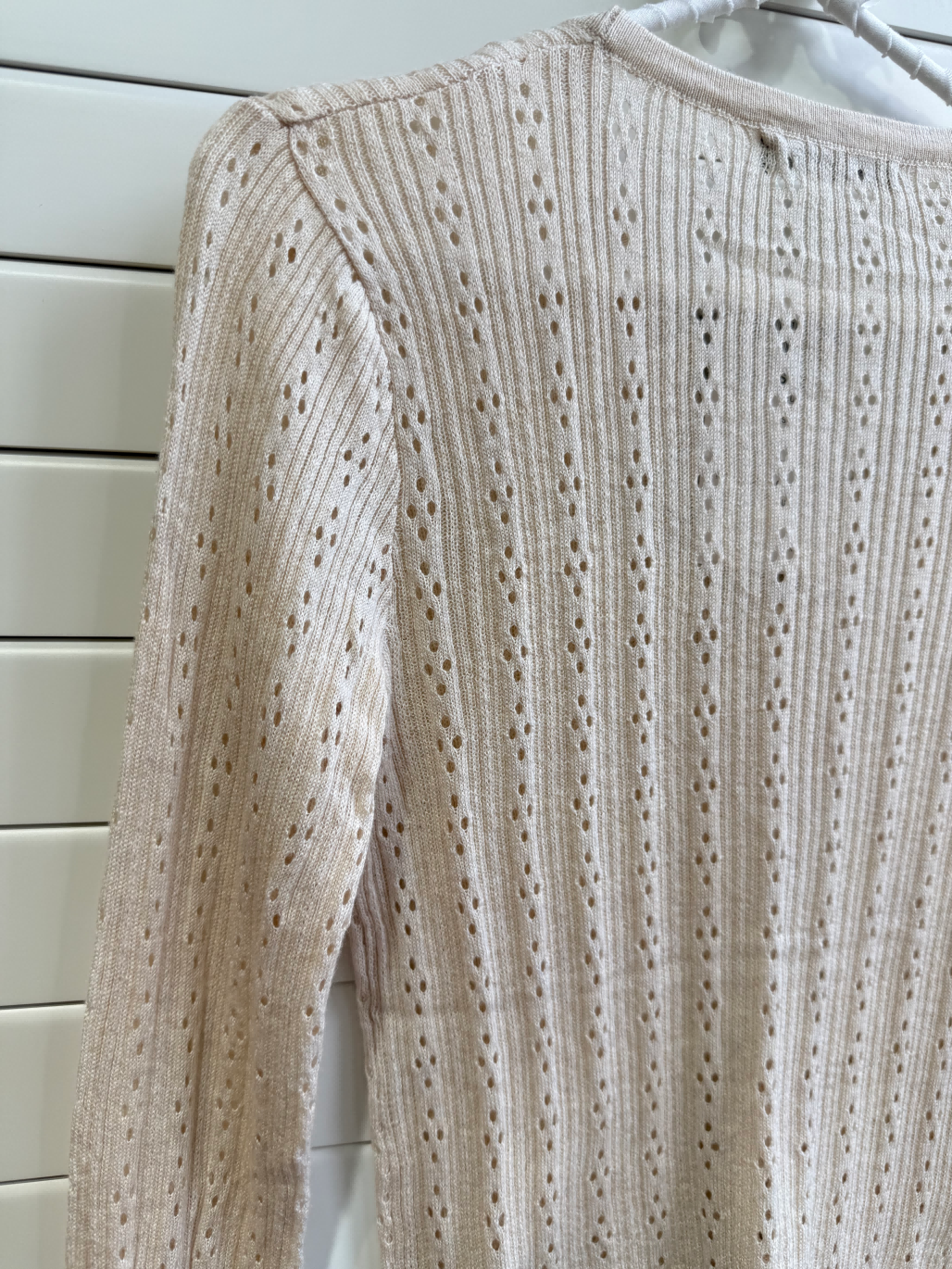 JASTIE SUPER THIN EYELET KNIT BUTTON UP CARDIGAN SWEATER-Beige