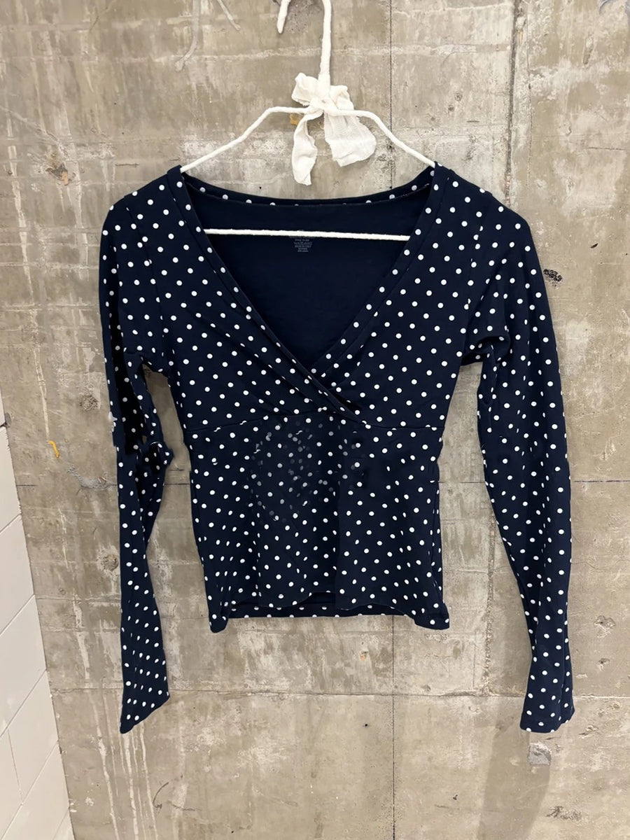Navy Polka V-neck Slim T-shirts Women