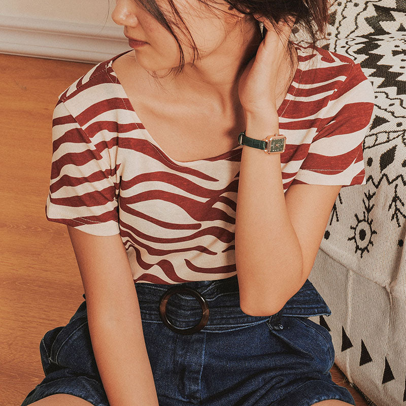 Red stripe round neck women T-shirt