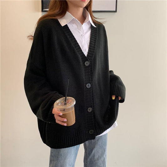 2025 Loose V-Neck Retro Button Knitted Cardigan Sweater-ABS2482BK