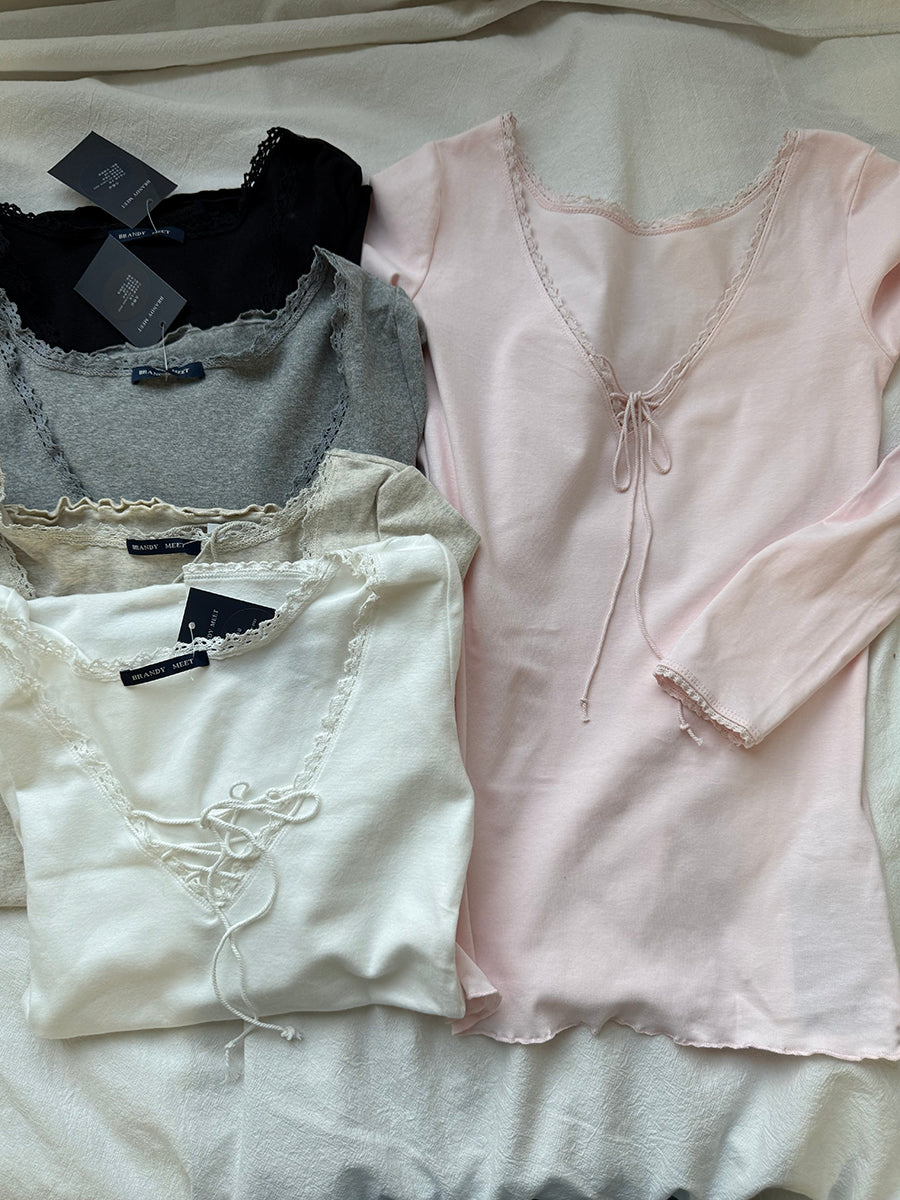Sweet Lace-up Long Sleeve Tees