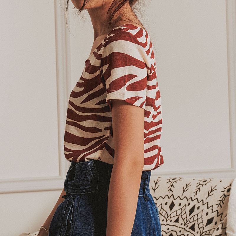 Red stripe round neck women T-shirt