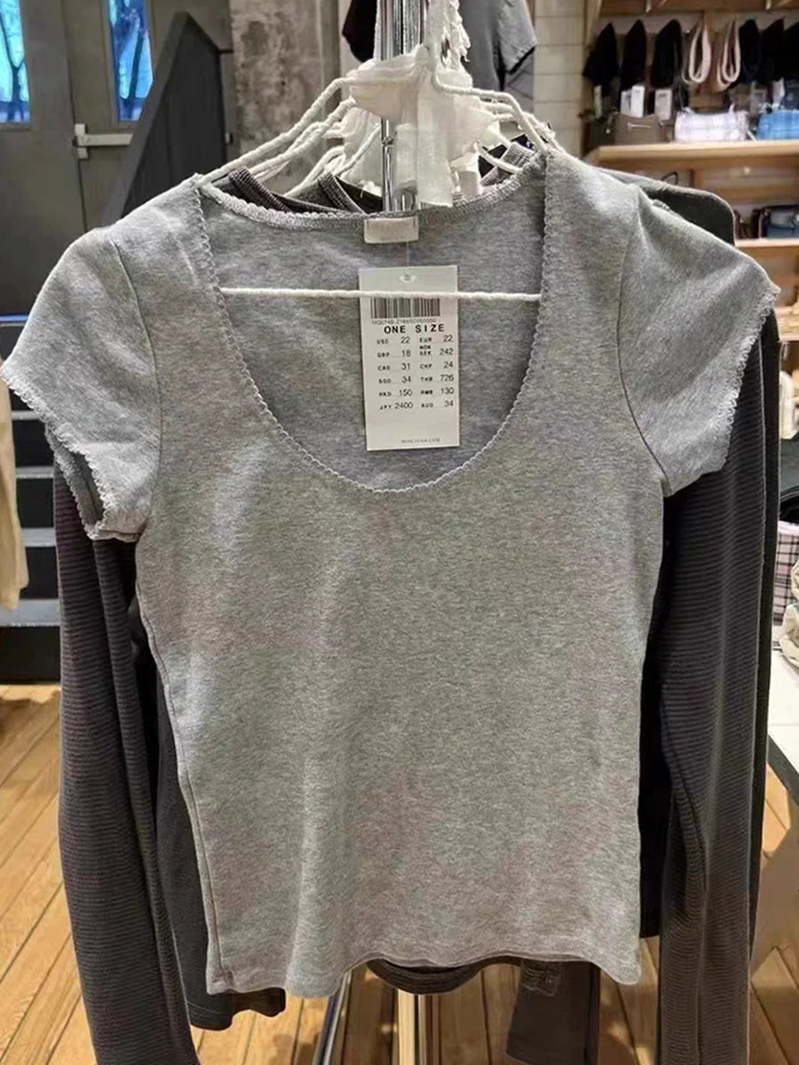 Jastie Lace Neck Short Sleeve Tee Top