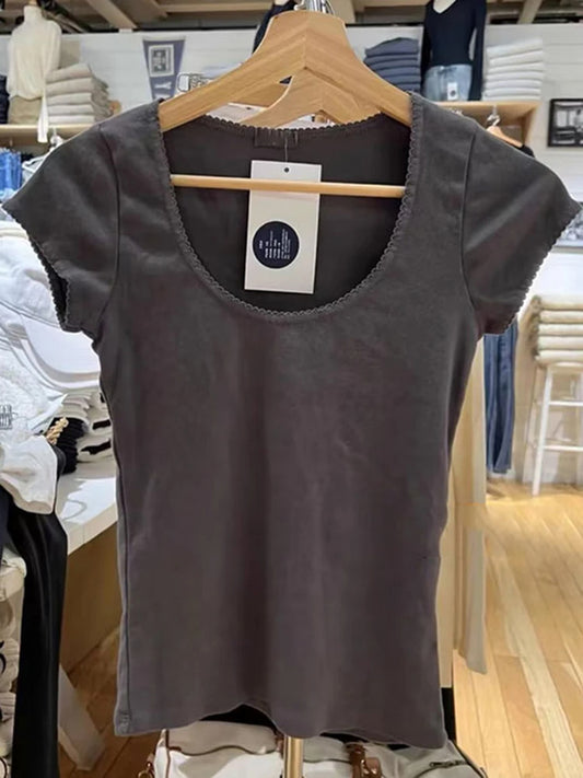 Jastie Lace Neck Short Sleeve Tee Top