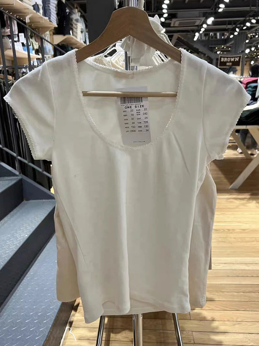 Jastie Lace Neck Short Sleeve Tee Top