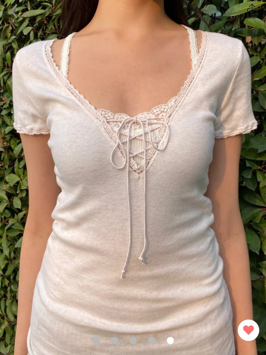 Lace Trim V-neck Short Sleeve Tees