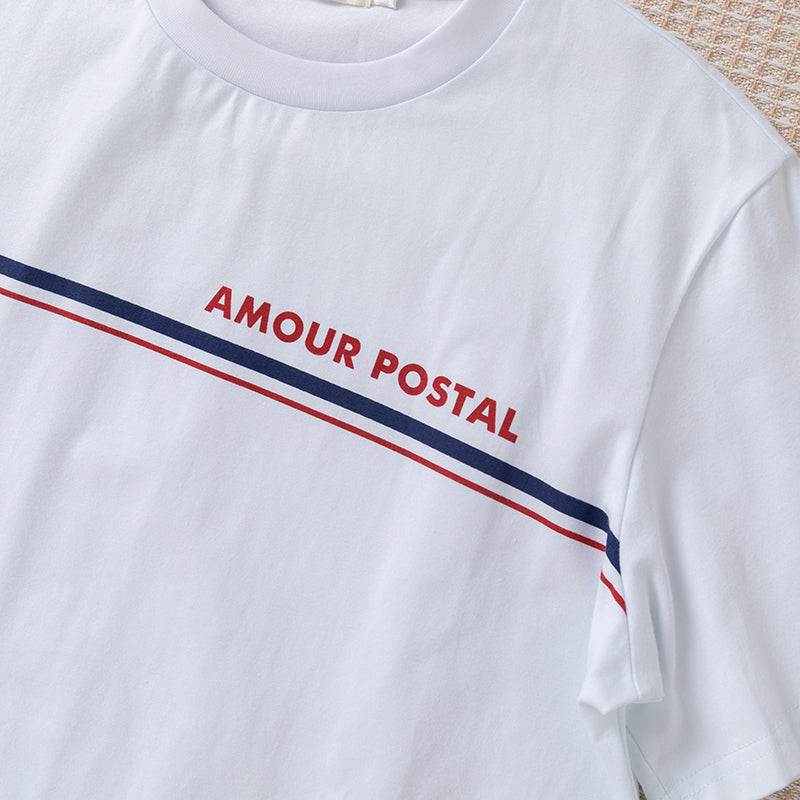 Casual crew neck striped lettered T-shirt women