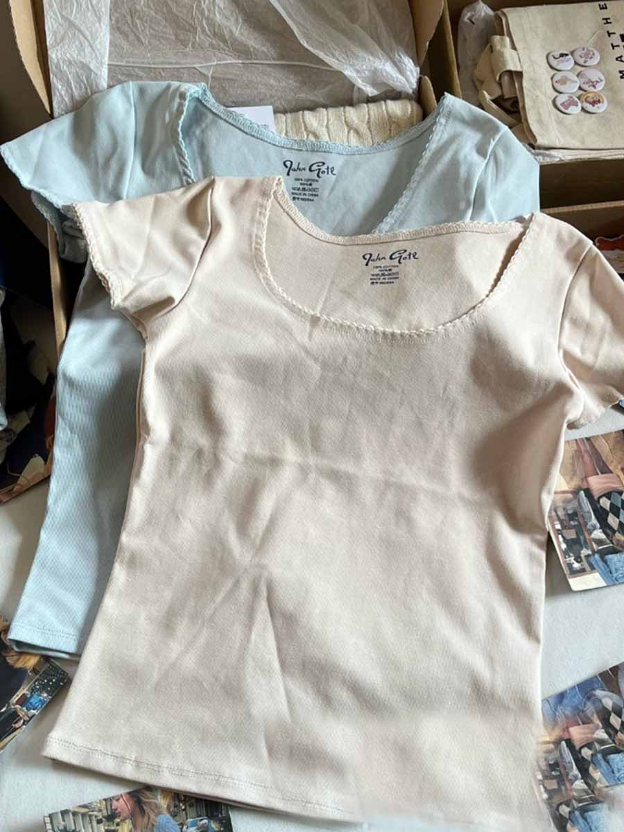 Jastie Crochet Neckline Short Sleeve Tee Top