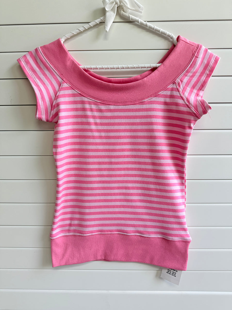 Pink Pinstripes Slim Slash Neck Tee Shirts