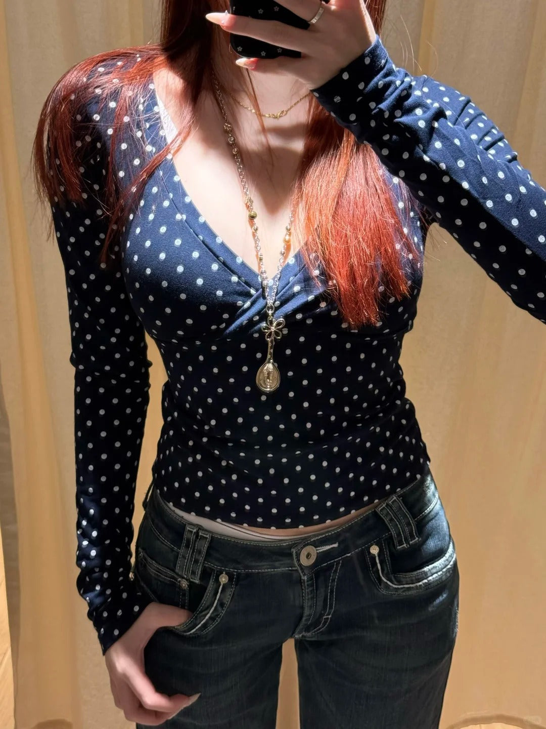 Navy Polka V-neck Slim T-shirts Women
