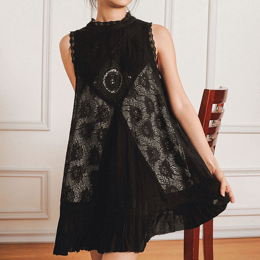 Embroidered hollow out French sleeveless dress women