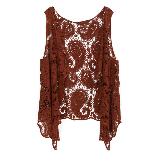JASTIE Women's Cotton Crochet Vest Boho Hollow Out Sleeveless Cardigan Vintage Paisley Knit Beach Cover Up