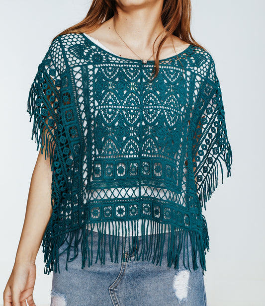 JASTIE Women Boho Hippie T-Shirt Tunic Tops Crochet Blouse Shirt Hollow Out Beach Swimsuit Cover Up