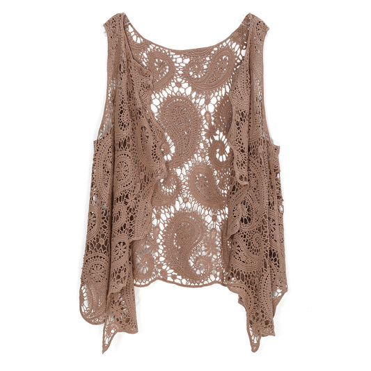 JASTIE Women's Cotton Crochet Vest Boho Hollow Out Sleeveless Cardigan Vintage Paisley Knit Beach Cover Up