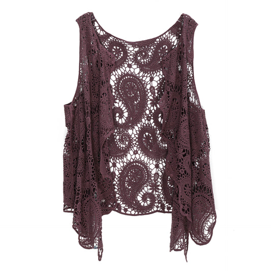 JASTIE Women's Cotton Crochet Vest Boho Hollow Out Sleeveless Cardigan Vintage Paisley Knit Beach Cover Up