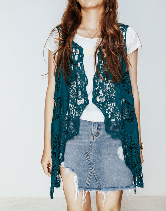 JASTIE Women Open Stitch Cardigan Boho Sleeveless Hippie Summer Hollow Out Solid Crochet Vest