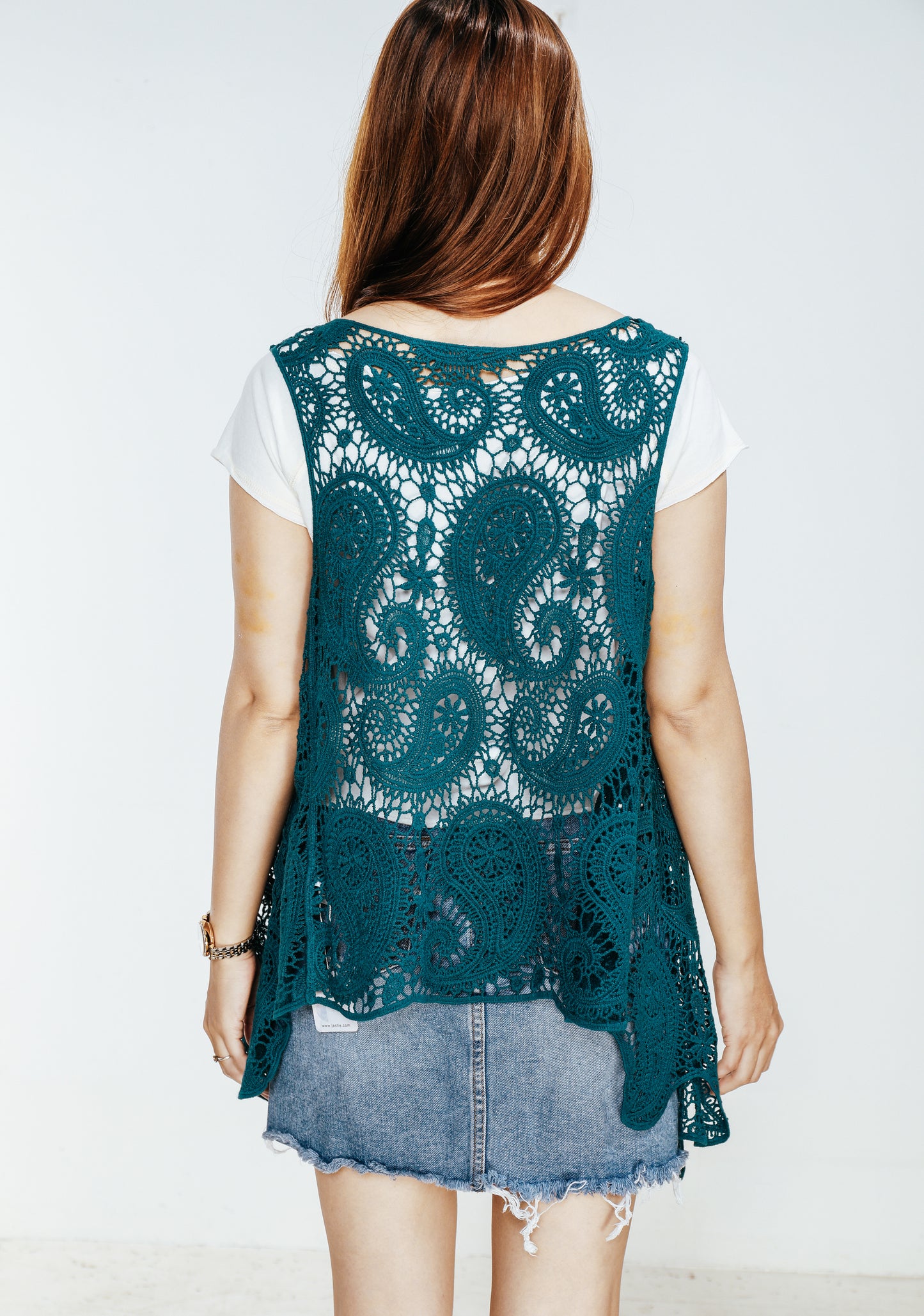JASTIE Women's Cotton Crochet Vest Boho Hollow Out Sleeveless Cardigan Vintage Paisley Knit Beach Cover Up