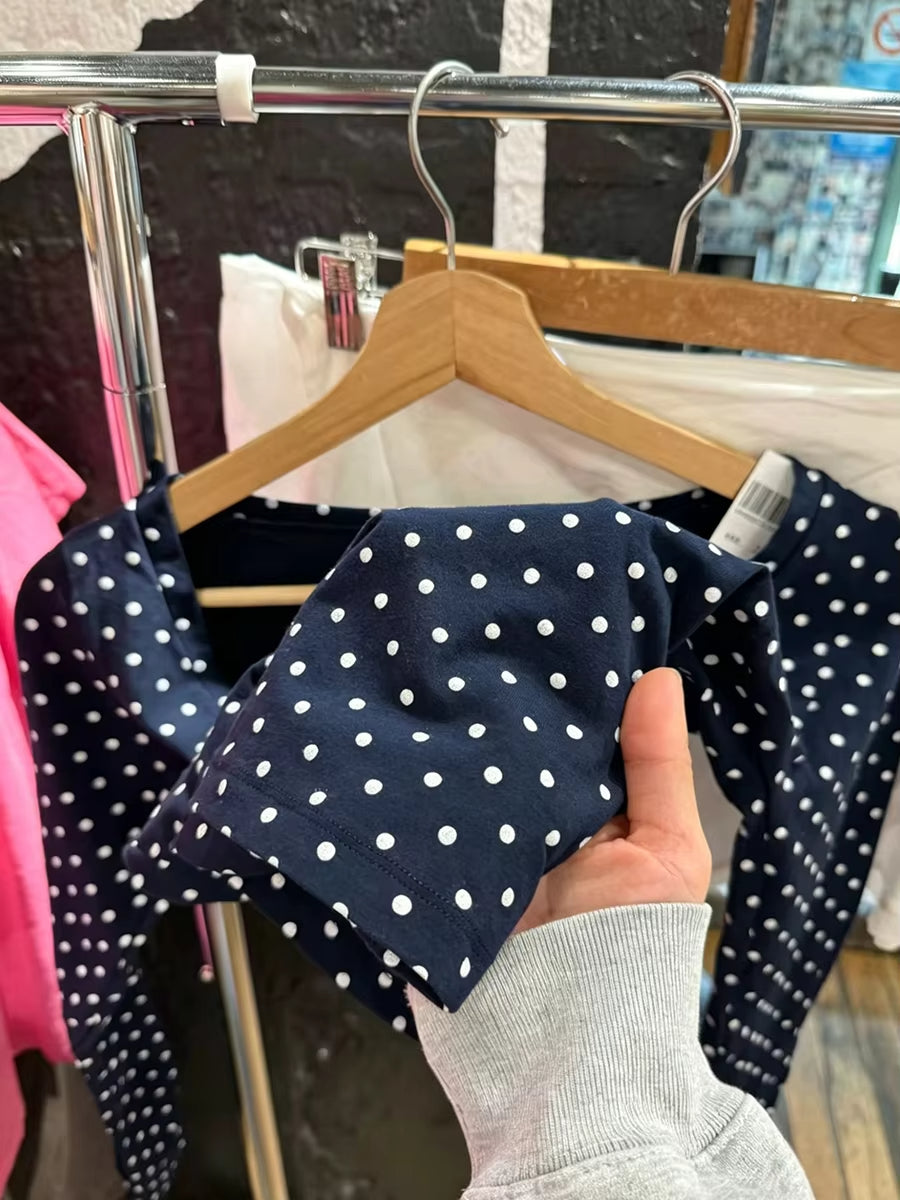 Navy Polka V-neck Slim T-shirts Women