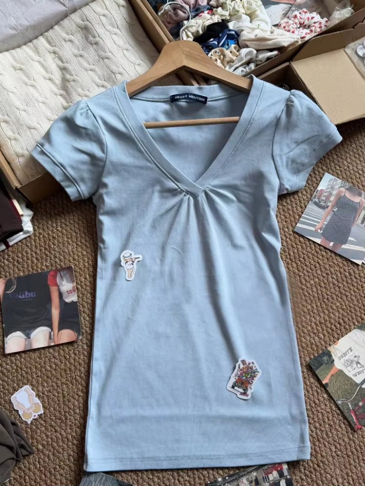 Solid Folds V-neck Slim Tshirts Women Summer