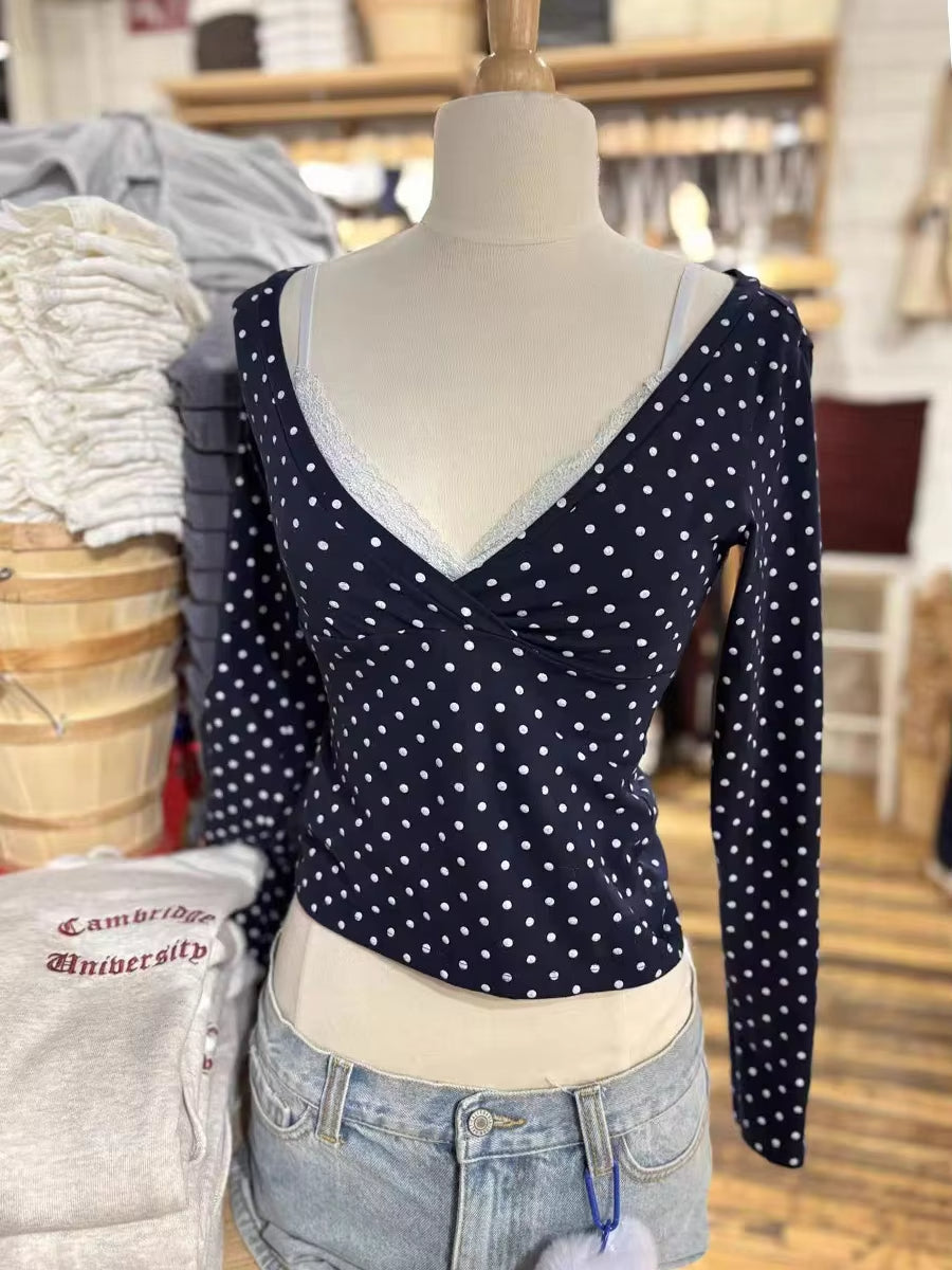 Navy Polka V-neck Slim T-shirts Women