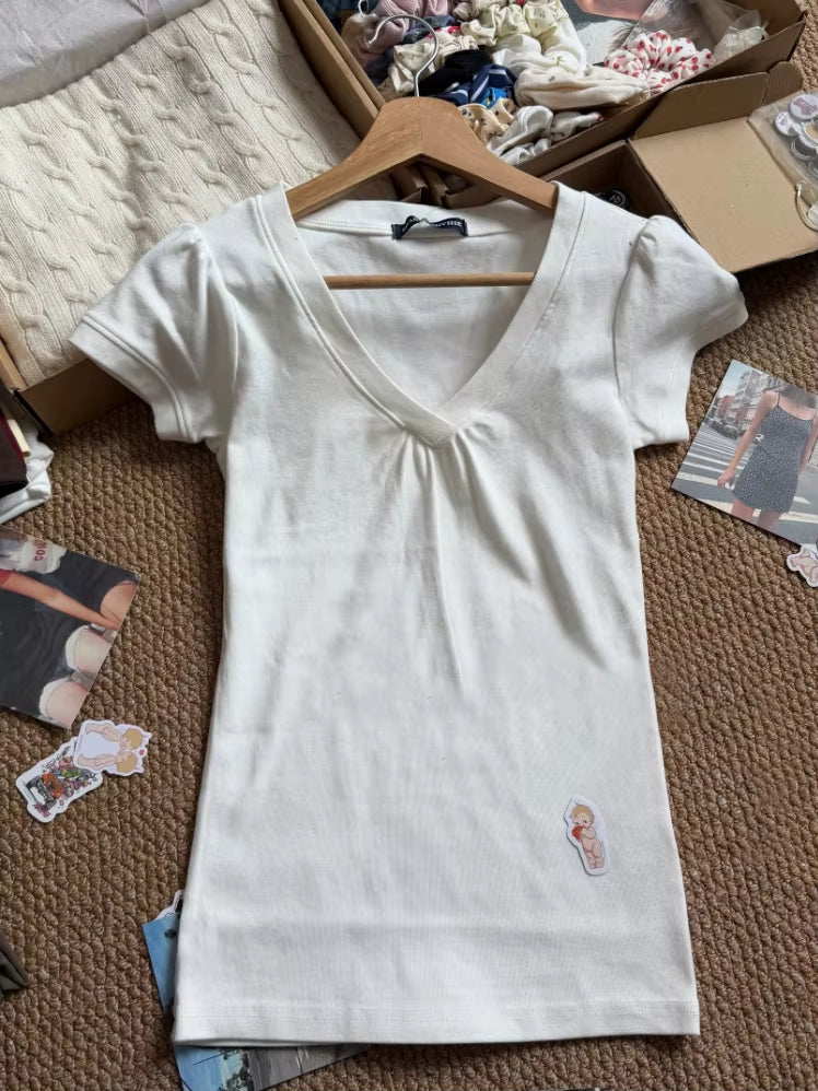 Solid Folds V-neck Slim Tshirts Women Summer