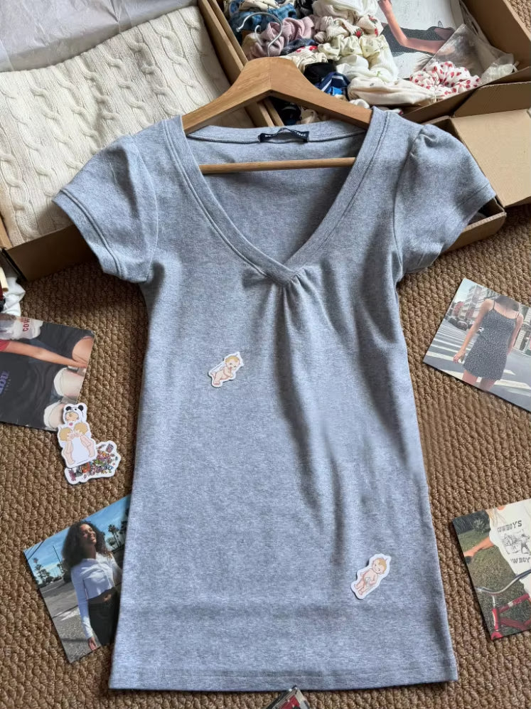 Solid Folds V-neck Slim Tshirts Women Summer