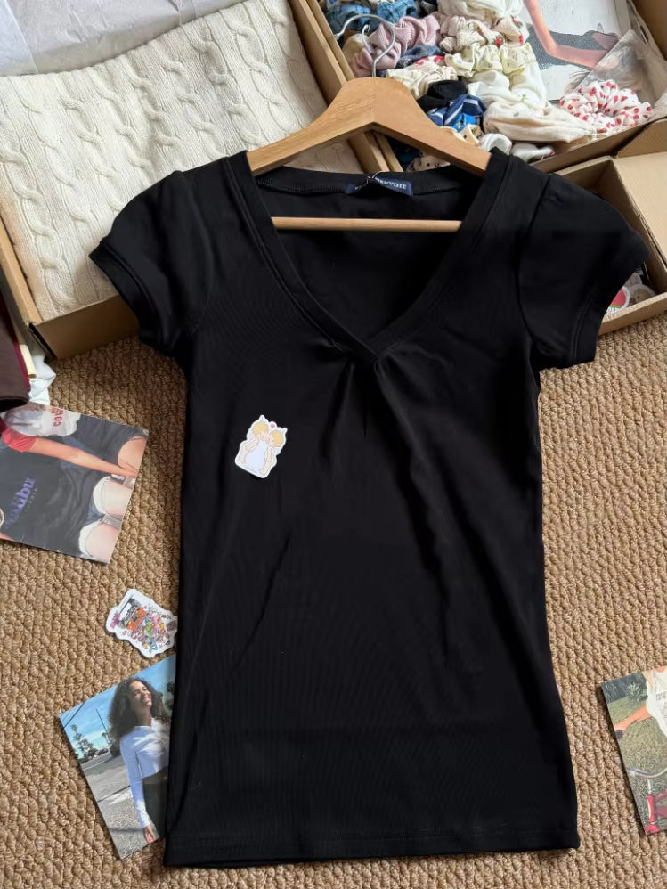 Solid Folds V-neck Slim Tshirts Women Summer