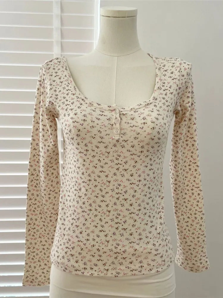 Floral Eyelet Zelly T-shirts Women Spring Casual Simple Cotton Soft Button Long Sleeve Tees Sweet Cute Preppy Style Tshirt