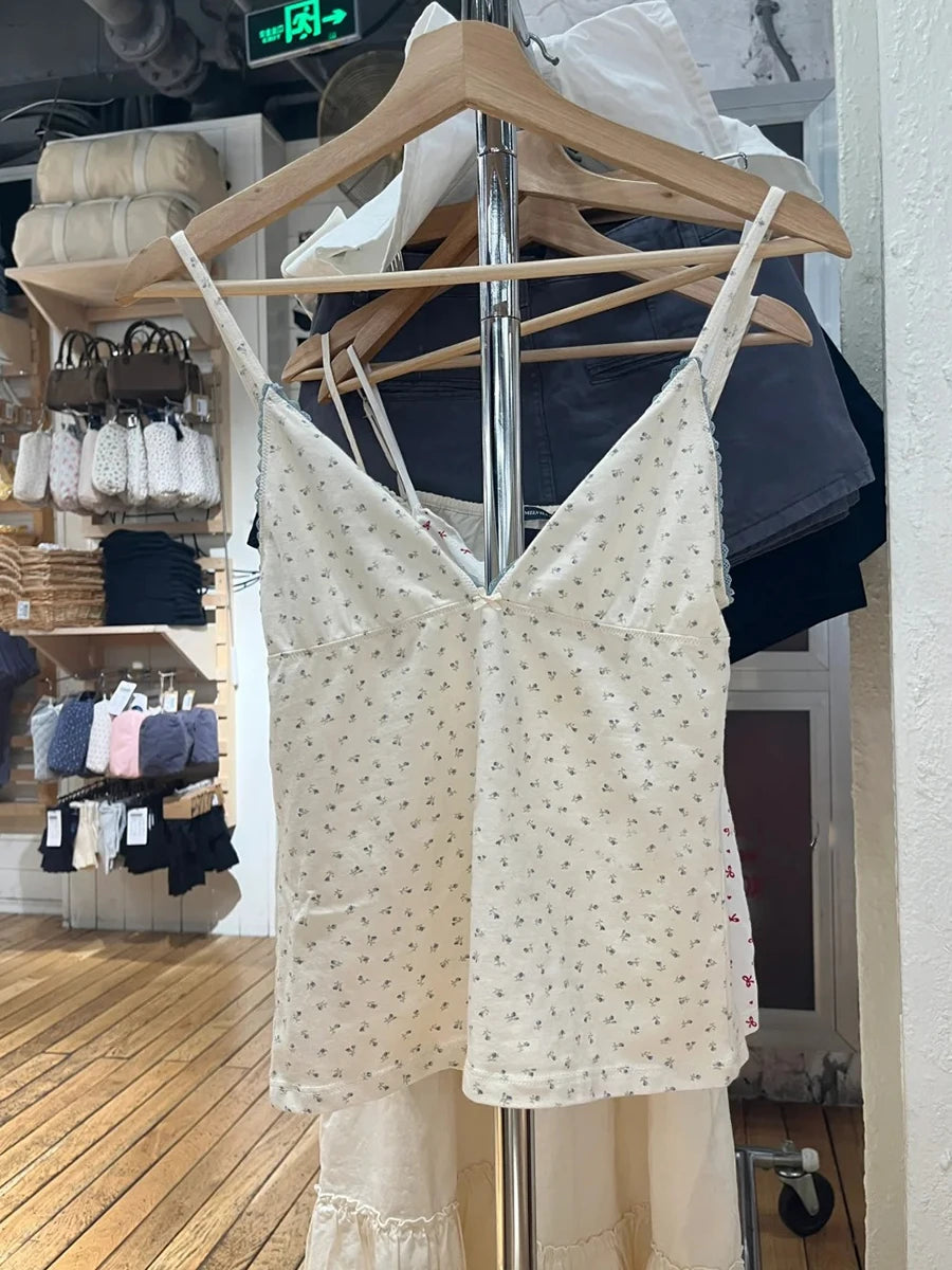 Red Bow Fungus Trim Bow Tank Tops Women New Cute Casual Cotton Slim V-neck Sleeveless Camis Girl Sweet Preppy Style Y2K Crop Top