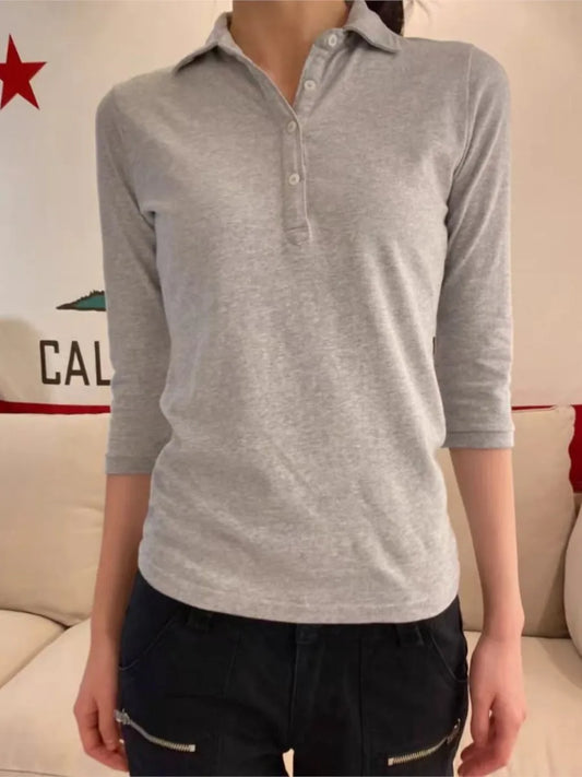 Gray Cotton Half Sleeve Button Tees Women Summer New Casual Turn-down Collar Tops Female Vintage Sweet Preppy Style T-shirts Y2K