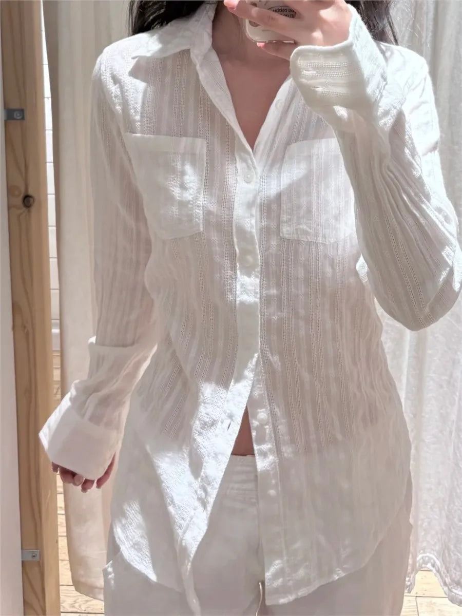 White Cotton Linen Collar Buttons Blouse T-shirts Women Slim Casual Long Sleeve Tees Girls Sweet Cute Preppy Style Y2K Crop Tops