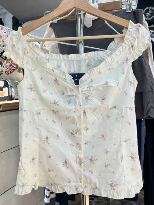 Floral Folds Ruffle Blouse Top Women Summer New Single Breasted Sleeveless Tank Tops Vest Sweet Cute Preppy Style Camisole OOTDS
