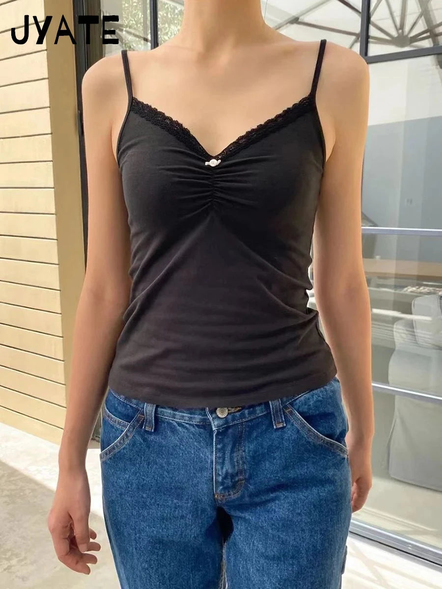 Harajuku Black Lace Trim Tank Tops Women Summer New Casual Cotton Flower Folds Sleeveless Vests Vintage Chic Sweet Camisole Y2K