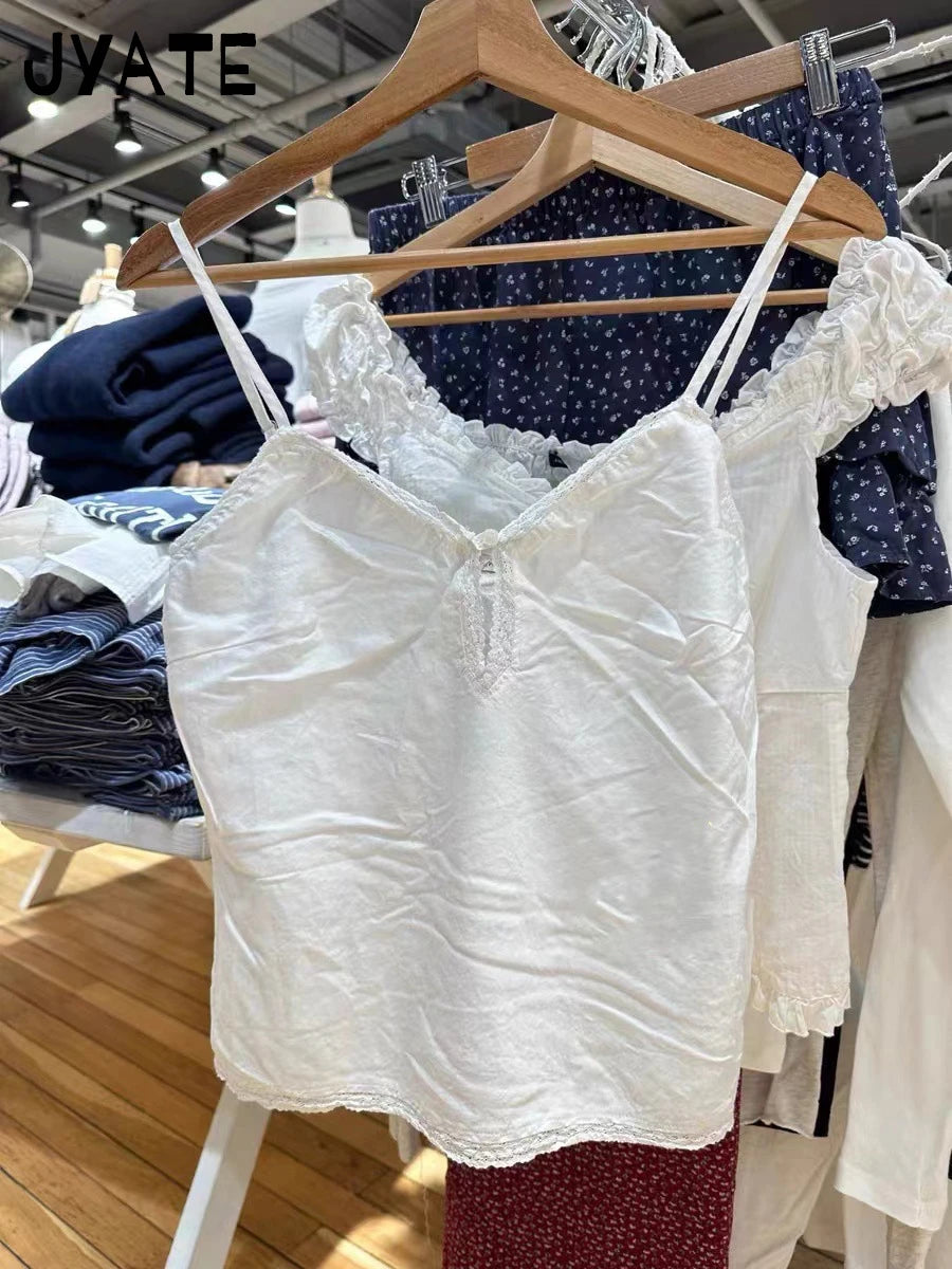 White Lace Trim V-neck Tank Tops Women Summer New Casual Button Simple Basic Sleeveless Crop Top Sweet Cute Vintage Camisole Y2K