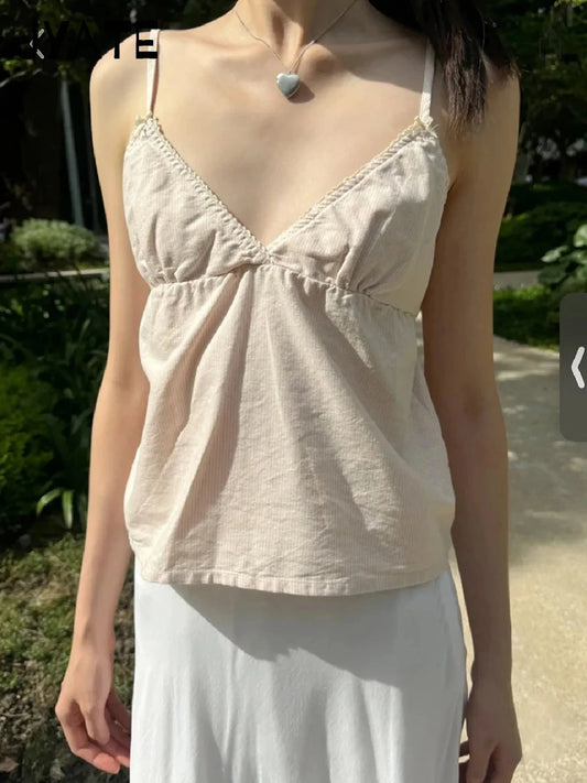 Sweet Pink Striped V-neck Bow Camis Women Summer New Cotton Casual Preppy Style Sleeveless Vests Vintage Chic Cute Tank Tops Y2K