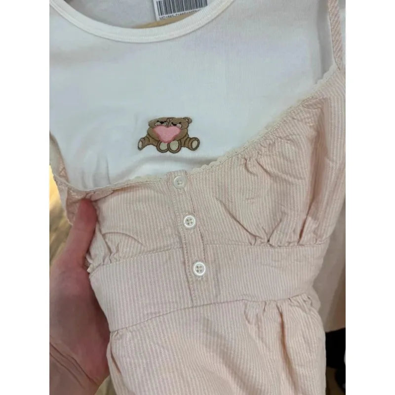 Sweet Pink Stripe Lace-up Tank Top Women Lace Trim Buttons V-neck Cotton Camis Summer Vintage Streetwear Sleeveless Crop Top Y2K