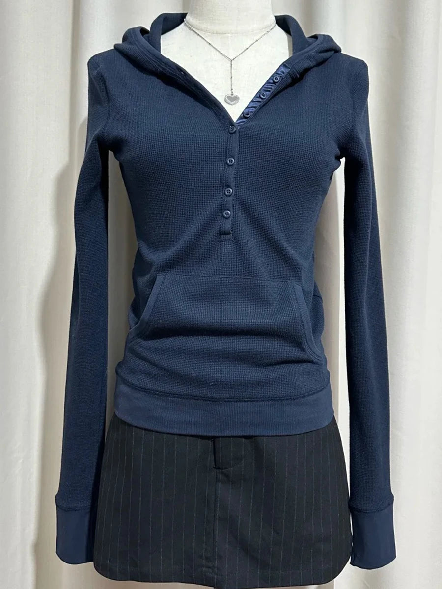 Waffle Hooded T-shirt Women Spring Streetwear Buttons Cotton Long Sleeve Slim Tee Shirts Vintage Preppy Style Tops Y2k