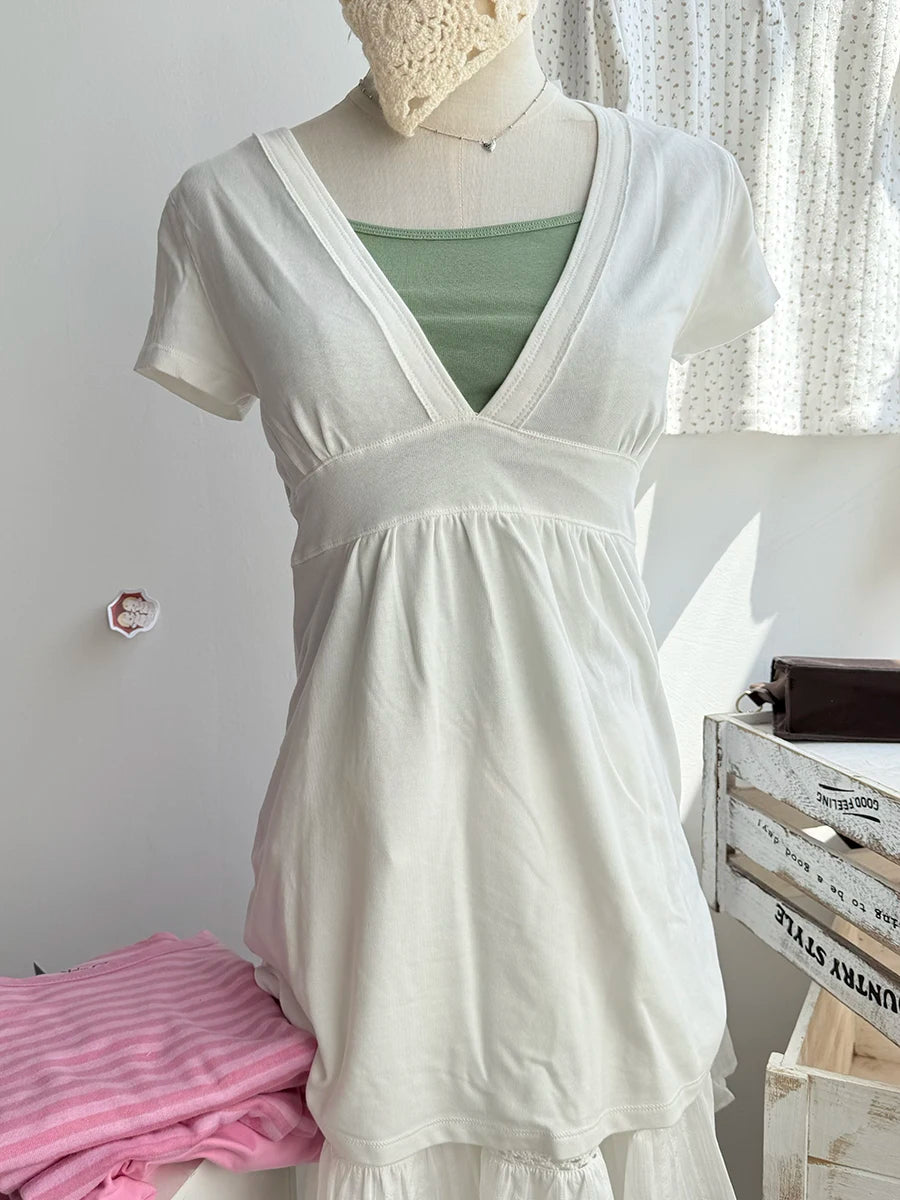 White V-neck Buttons T-shirts Women Simple All-match Casual Cotton Slim Short Sleeve Tee Sweet Cute Preppy Style Tshirt Y2K Tops