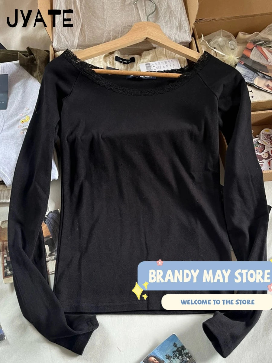 Harajuku Black Lace Trim Long Sleeve Tees Women New Cotton Slash Neck Slim Sexy Tops Femme Vintage Chic Streetwear T-shirts Y2K