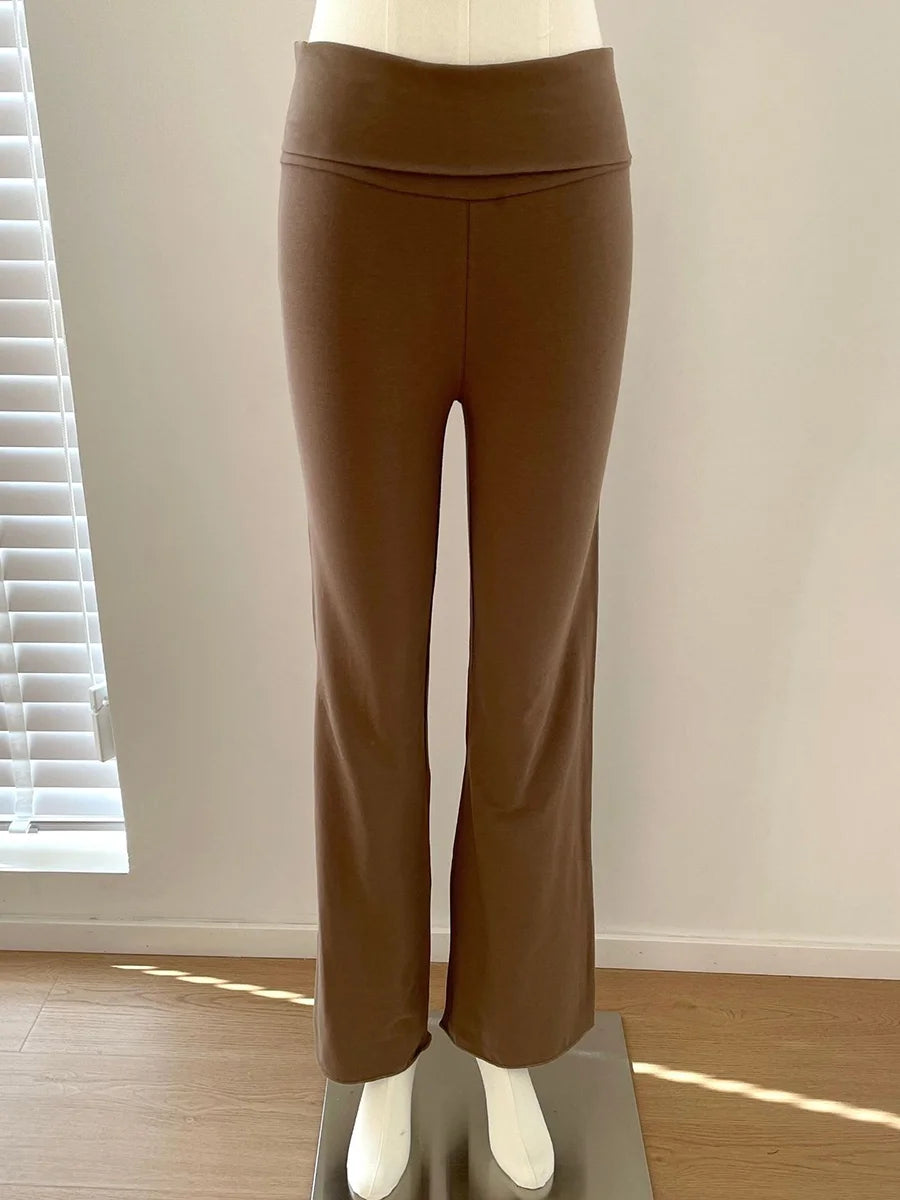 Solid Skinny Cotton T-shirt Pant Set Woman O-neck Long Sleeve Tee+Foldover Flare Yoga Pant Sport 2 Piece Sets Can mix and match
