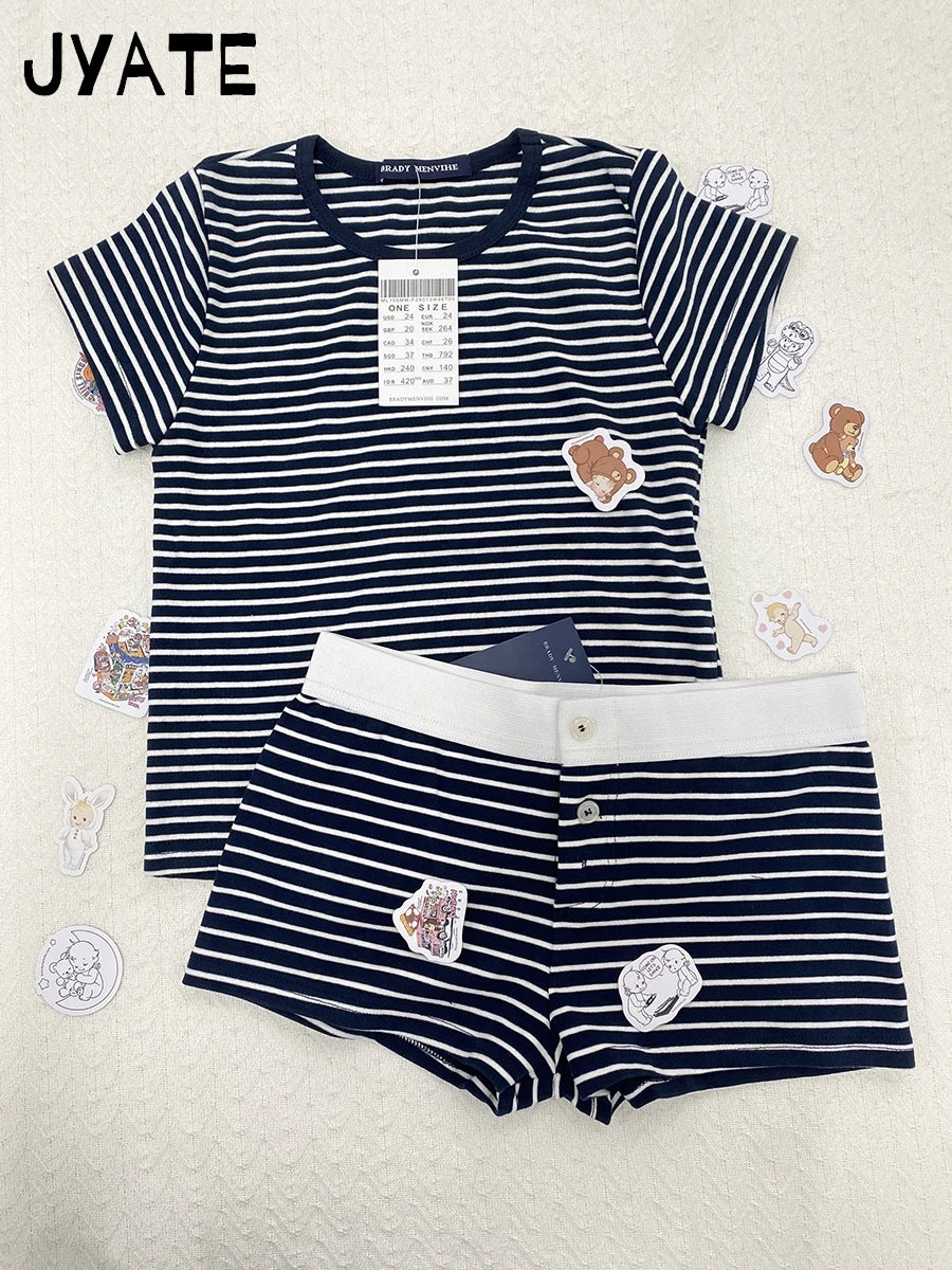 Navy Striped T-shirts Shorts 2 Pieces Set Women New Slim Cotton Soft O-neck Tee+Button Straight Short Pant Sweet Pajama Sets Y2K