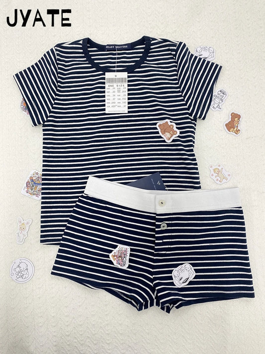 Navy Striped T-shirts Shorts 2 Pieces Set Women New Slim Cotton Soft O-neck Tee+Button Straight Short Pant Sweet Pajama Sets Y2K