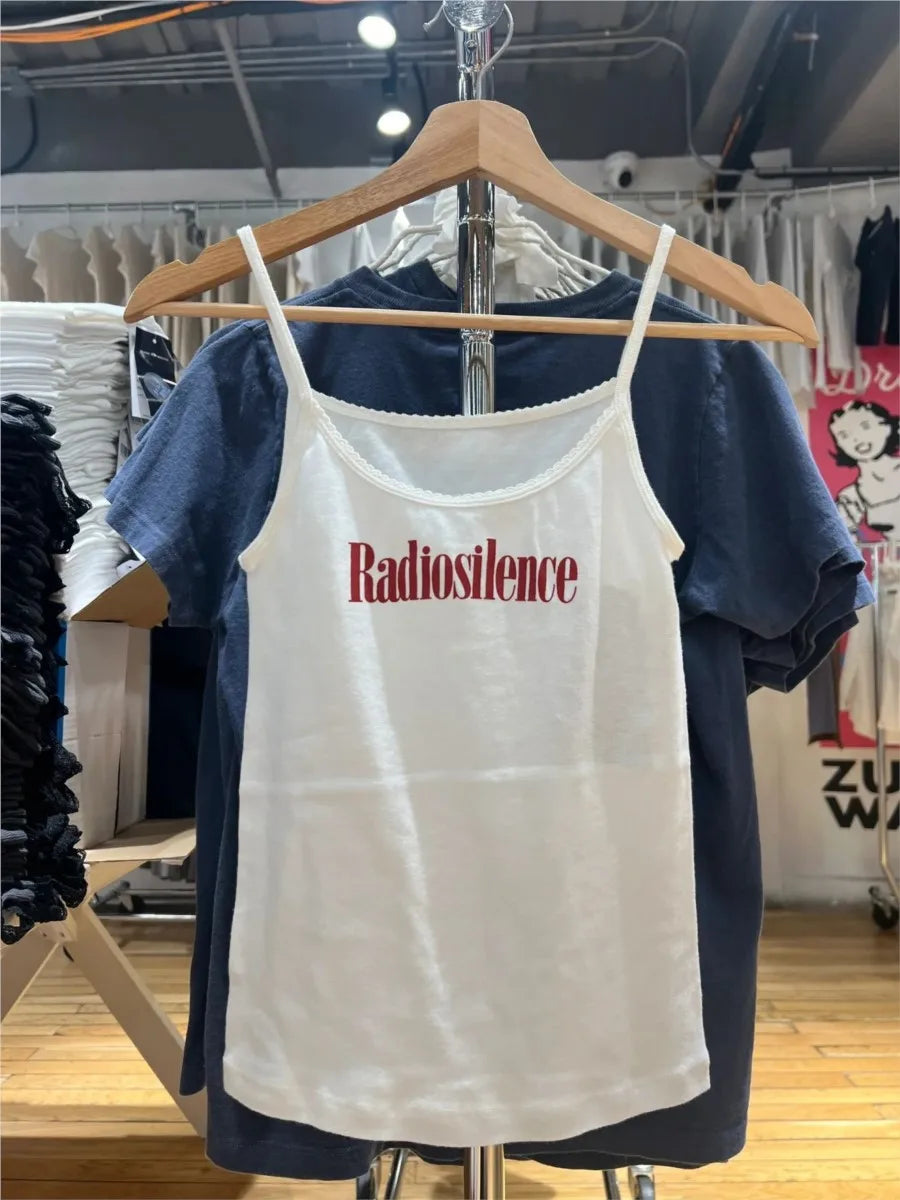 Letter Print Lace Trim Slim Tank Tops Women Summer Streetwear Sleeveless Cotton Camisole Female Sweet Preppy Style Simple Vests