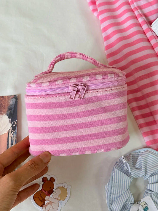 Pink Striped Makeup Bag Women Vintage Portable Zipper Mirror Cosmetic Travel Organizer Girls Cute Sweet Handbag Toiletry Pouch