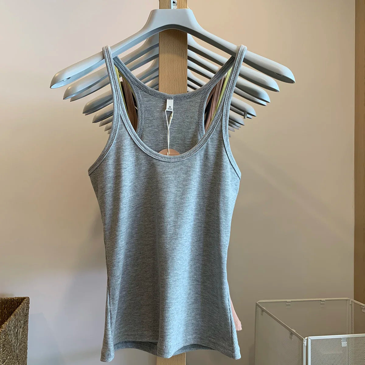 Vintage Solid Ribbed U-neck Tank Tops Women Summer New Streetwear Basic Sleeveless Vests Sweet All-matchCasual Slim  Camisole