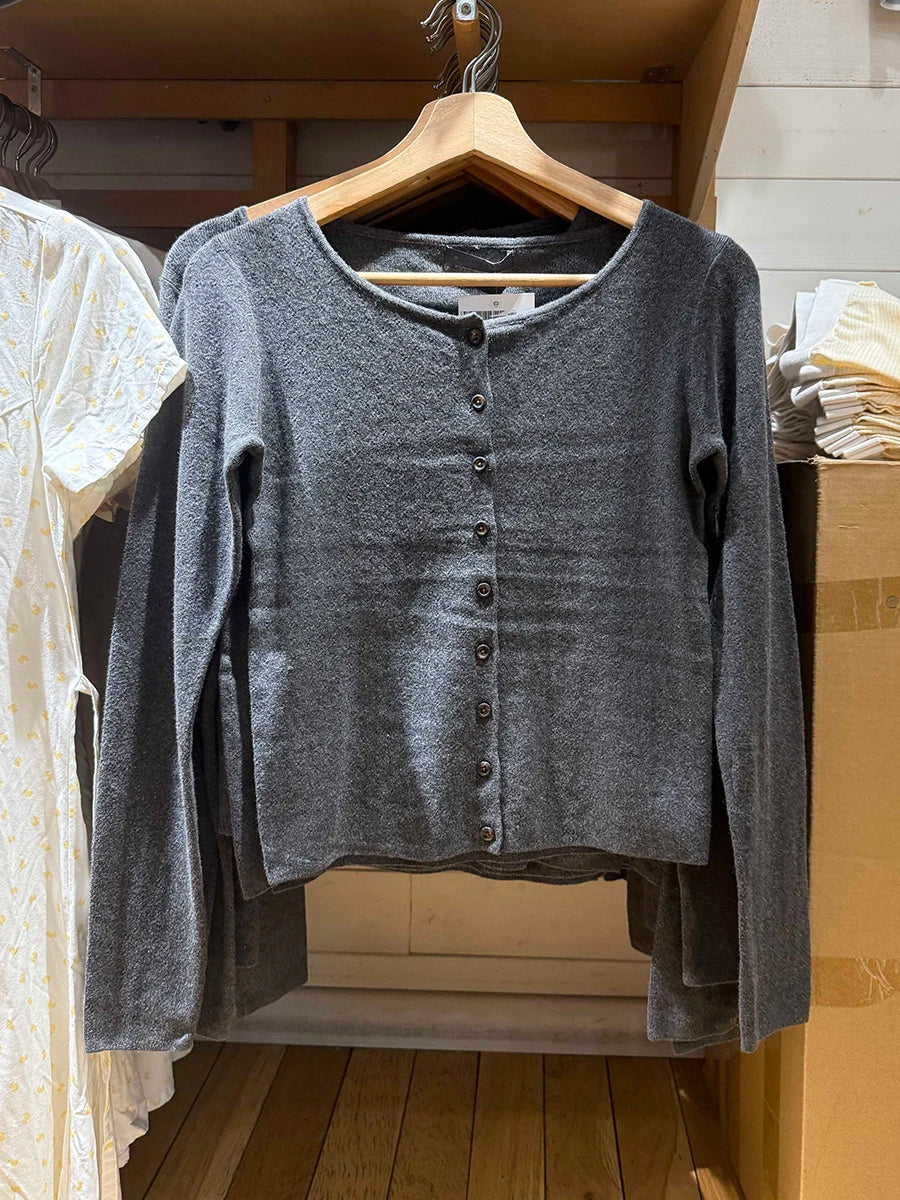 Eyelet Drak Gray Cotton Cardigan Women Autumn Casual Streetwear  Buttons Knitted Long Sleeve Tees Simple Sweet Basic Tops New