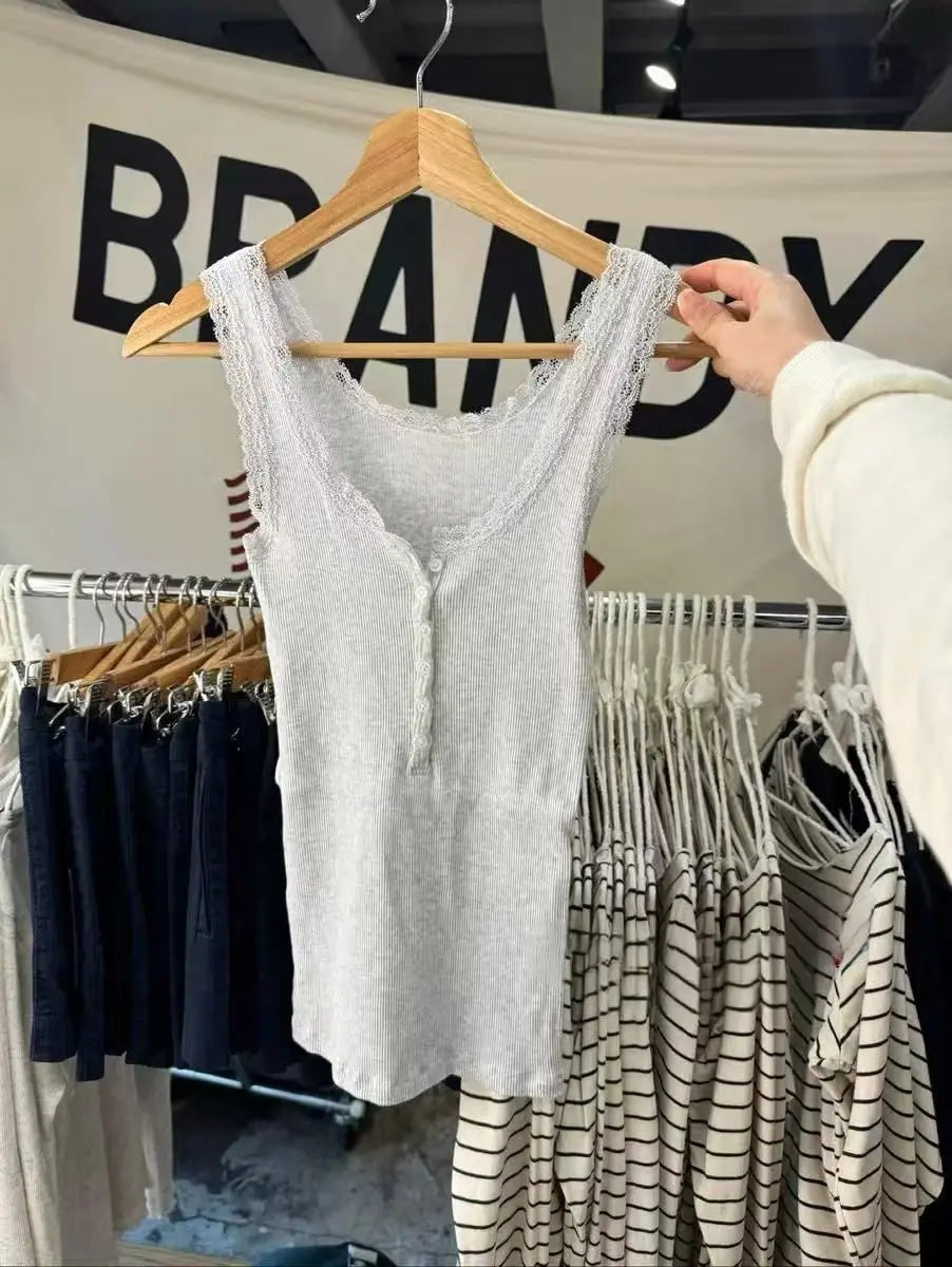 Lace Trim Slim Ribbed Tank Top Women Spring Buttons Cotton Solid U Collar Sleeveless Camis Sweet Simple Basic Chic Vest Tops Y2K